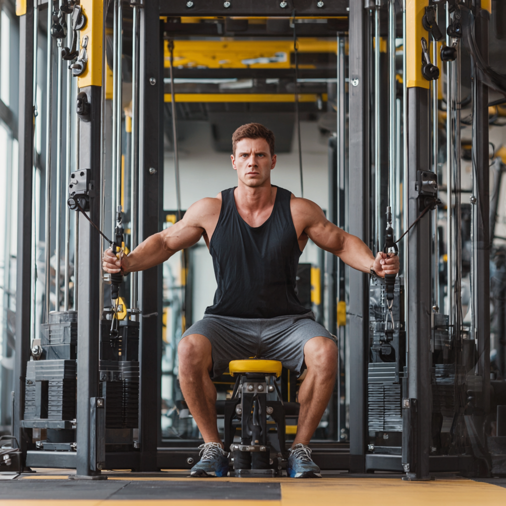 Чоловік виконує силові вправи в сучасному тренажерному залі